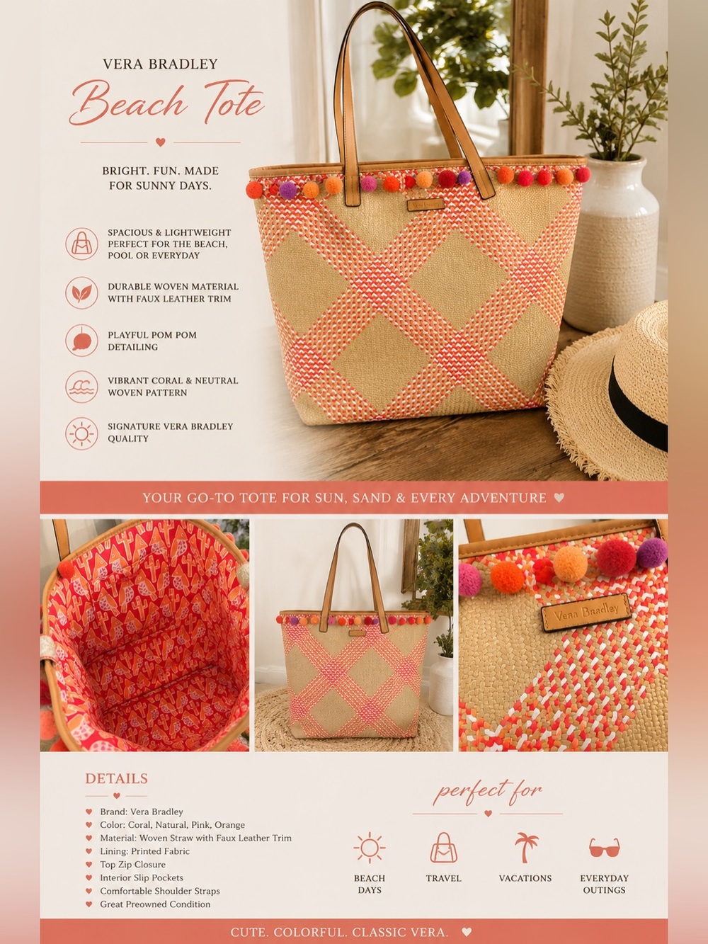 Vera Bradley Coral, Natural & Pink Woven Beach Tote with Pom-Pom Trim